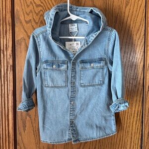 Zara Blue Denim Hooded Shirt Snaps Girl Boy